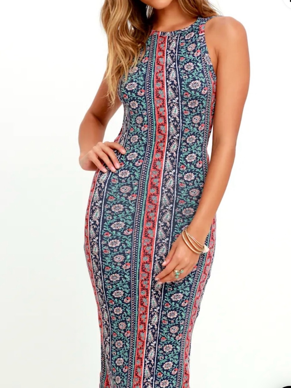 Lulu's Navy & Coral Floral-Striped Sleeveless and Backless Midi Dress Size XL